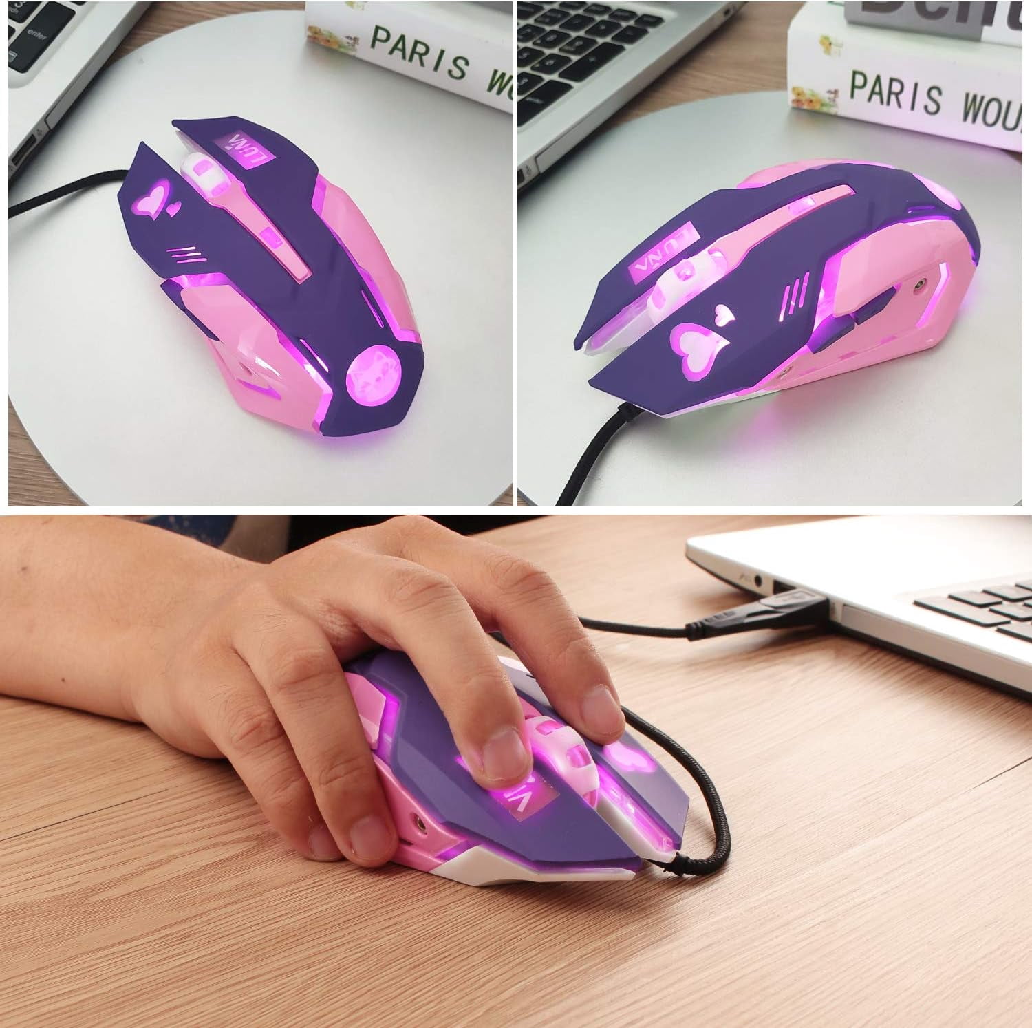 Lovely Wired USB Computer Mouse,7 Colors Backlit,Silent Buttons,3200 DPI,for MacBook,Computer PC,Laptop