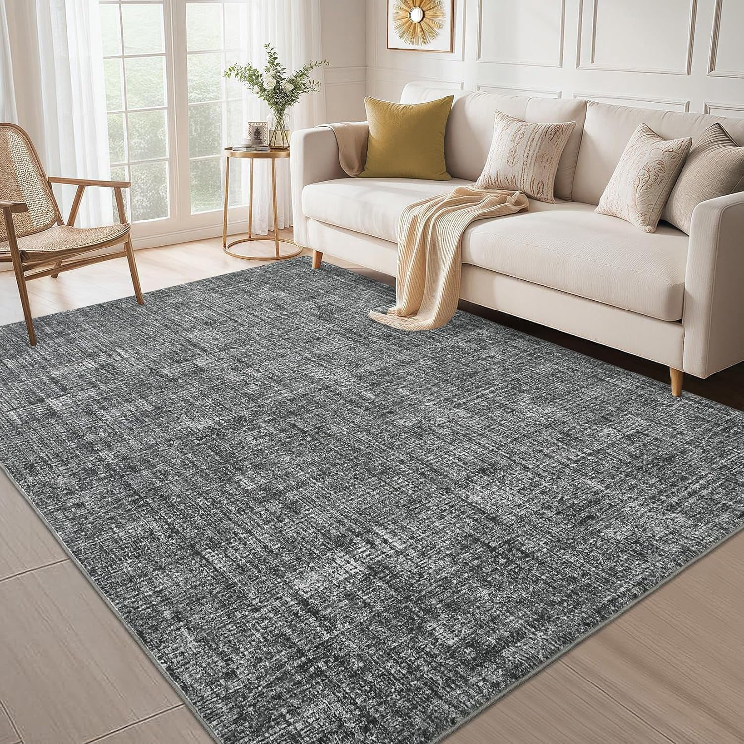 Memoryfield 10' x 13' Washable Area Rug, Stain-Resistant Low Pile Non Slip Carpet, Floor Mat for Living Room Bedroom Home Office, Dark Gray