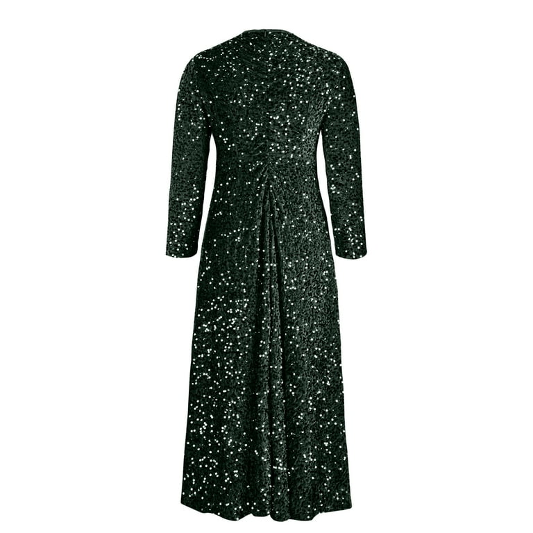 Lyeaa Plus Size Formal Dresses for Women Long Sleeve Crew Neck Glitter Sequin Long Dress Flowy Elegant Dress Solid Color High Waist Evening Gown