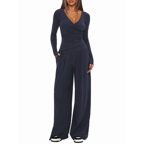 Women 2 Piece Lounge Fall Outfits Sets Neck Shirts and Wide Leg Pants Casual Matching Sets Dark Blue M