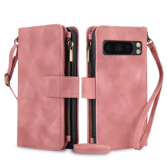 TECH CIRCLE For Google Pixel 7 Pro Case with Card Holder,PU Leather Zipper Pocket Flip Folio Wallet Case with Crossbody Wrist Strap Kickstand Protective Case for Google Pixel 7 Pro 6.7" 2023,Rosegold