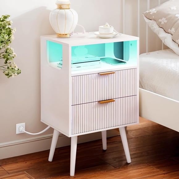 Buros para Recámara, Mesita de Noche con Luces Led y Estación de Carga, Muebles para Recámara con 2 Cajones para Dormitorio y Sala de Estar