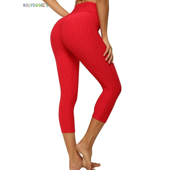 BadPiggies Womens High Waist Yoga Pants Ruched Textured Capri Tummy Control Workout Leggings (L, Red)