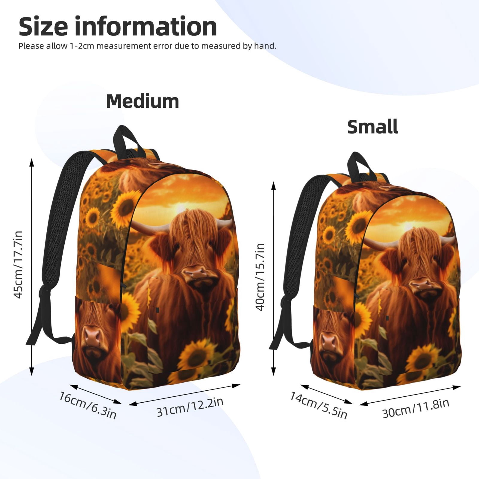 Vsdgher Vintage Sunflower Cow B Print Canvas Backpack Travel Rucksack Unisex Knapsack 15.7/17.7Inch Laptop Backpack for Work,College -Small