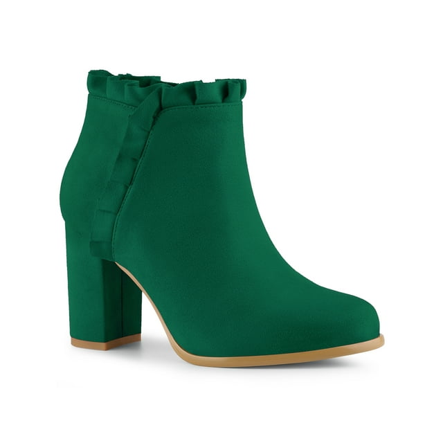 Unique Bargains Women's Ruffle Block High Heels Ankle Boots Emerald Green (Size 9)