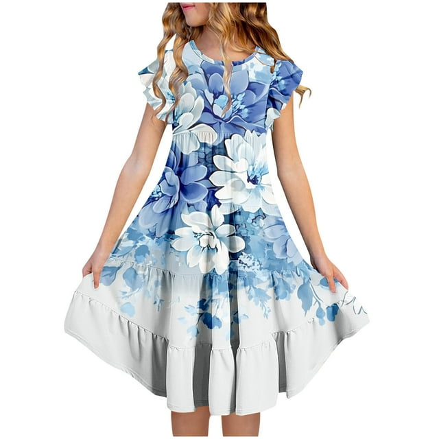 Zpanxa Robes Florales pour Filles Été Manches Courtes Manches Volantées Col Rond Imprimé de Fleurs Taille Poche Robe Superposée Polyester Spandex Multicolore 10-11 Ans