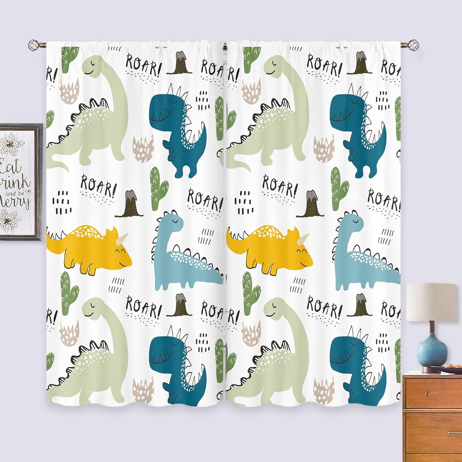 Kids Dinosaur Curtains for Baby Boys 42Wx63L Inch Rod Pocket Cute Cartoon Dino Toddler Room Decor Nursery Colorful Safari Funny Animal Printed Bedroom Living Room Window Drapes Fabric 2 Panels