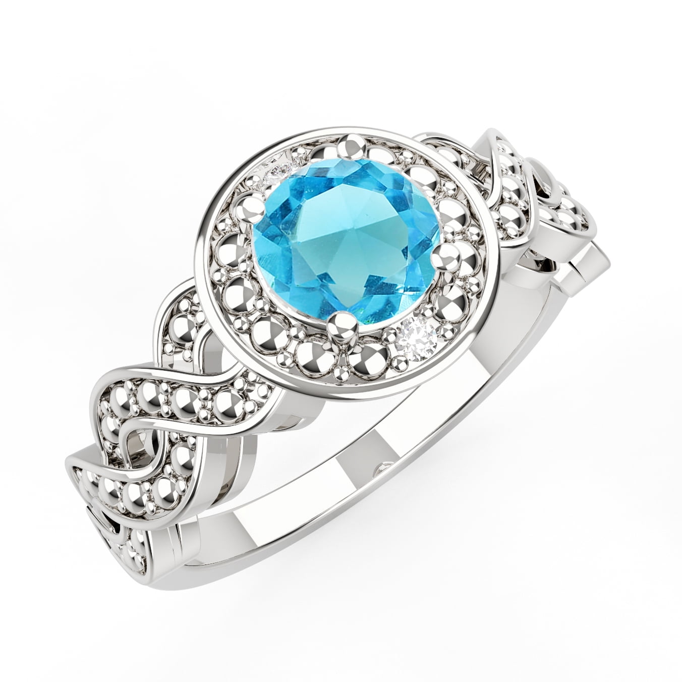 Swiss Blue Topaz & Diamond Round Ring .925 Sterling Silver 