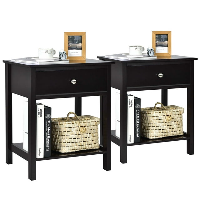 Gymax Table de Chevet Moderne à 2 Niveaux 2 Pcs avec Tiroir et Tablette Ouverte Noir