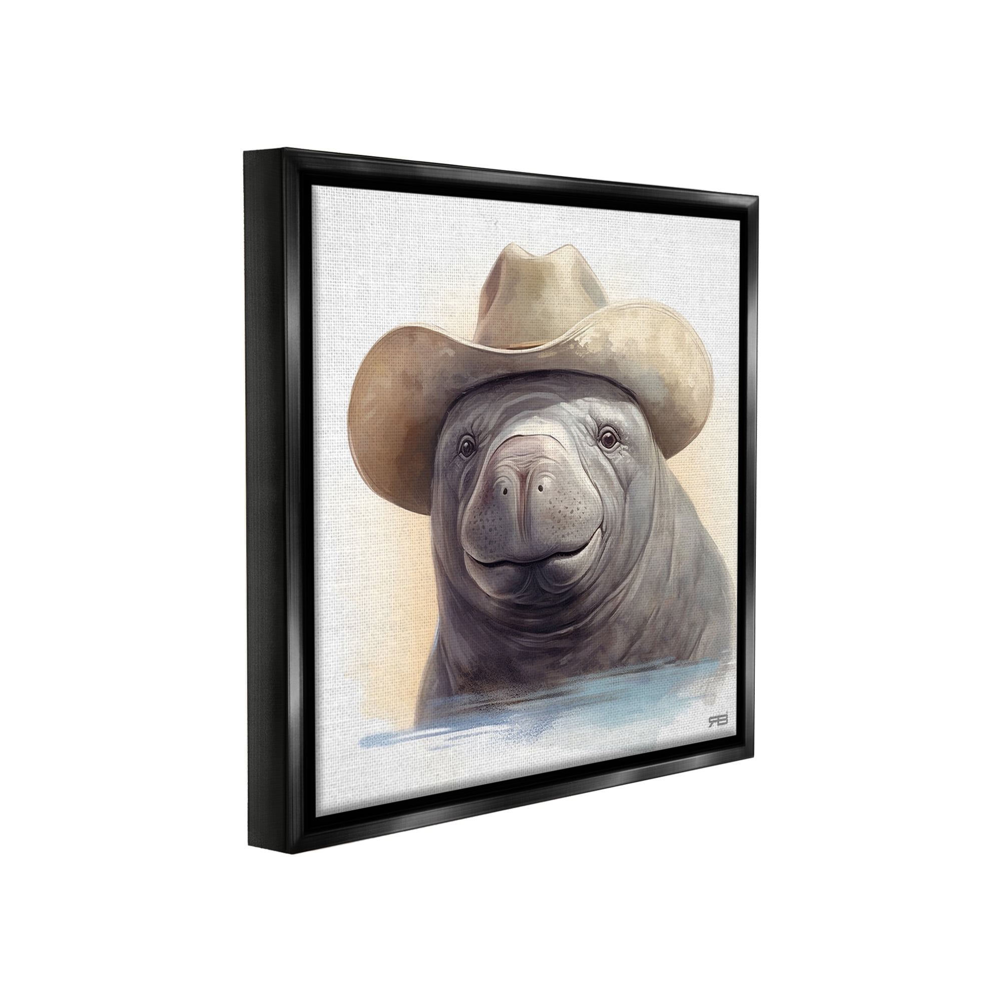 Stupell Industries Manatee with Southern Hat Animals & Insects Painting Black Floater Framed Canvas Art Print Wall Art, 25 x 25