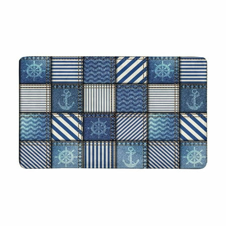 Nautical Decor Rugs MKHERT Abstract Blue Patchwork with Nautical Anchor and Sea Waves Doormat Rug Home Decor Floor Mat Bath Mat 30x18 inch ()