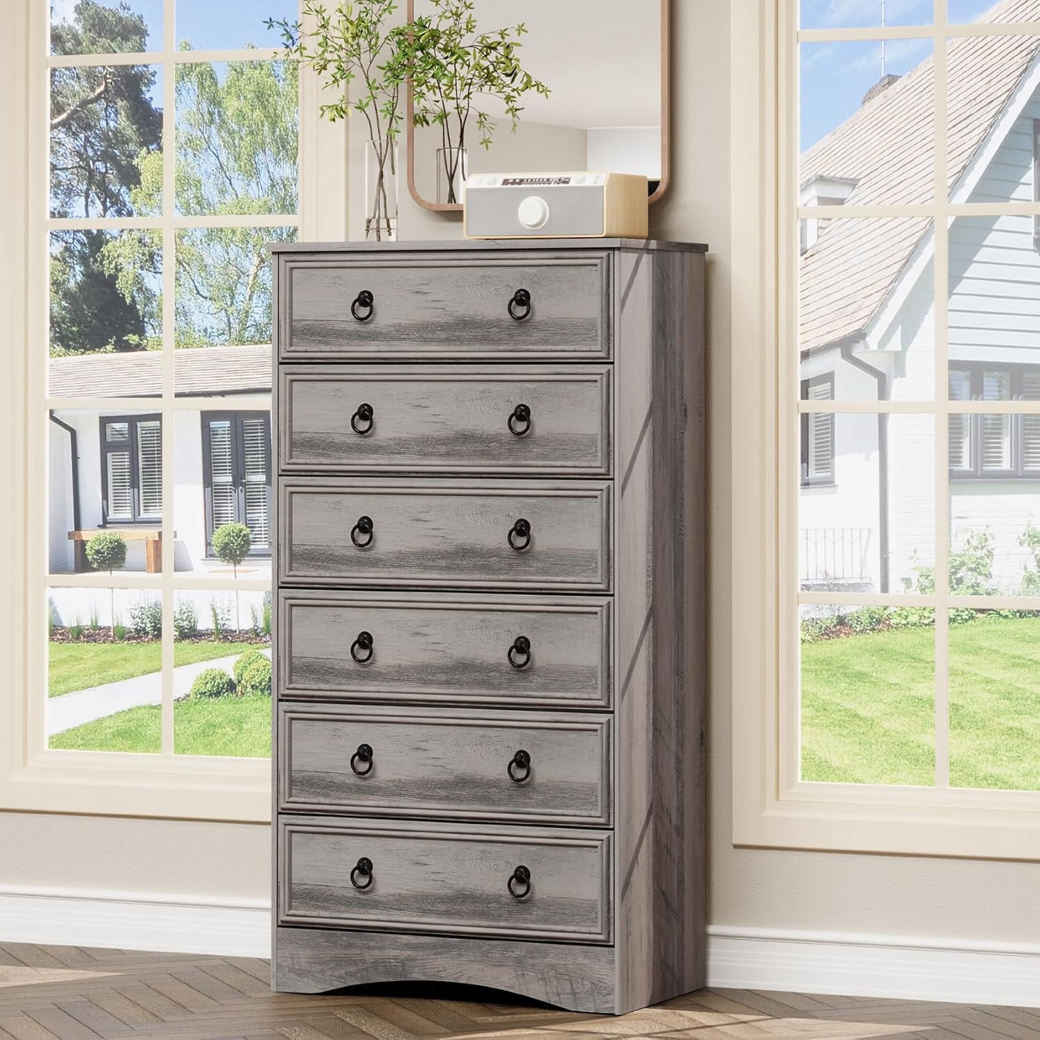 VVFLU Farmhouse 6 Drawers Dresser for Bedroom, Gray 52" Tall Dressers Chest of Drawer, Wooden Vertical Dresser for Bedroom Hallway