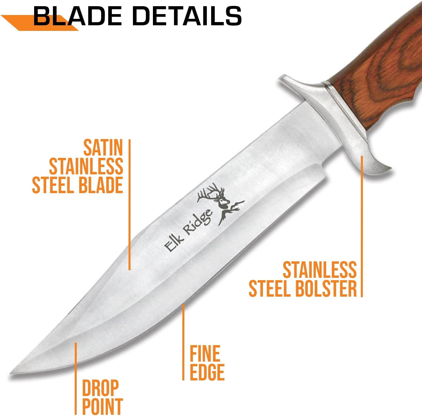 Elk Ridge ER-012 Fixed Blade Knife - 8.5" Overall 3cr13 Steel Blade, Brown Pakkawood Handle, Full Tang Outdoor Hunting Survival Tactical Knife with Leather Sheath