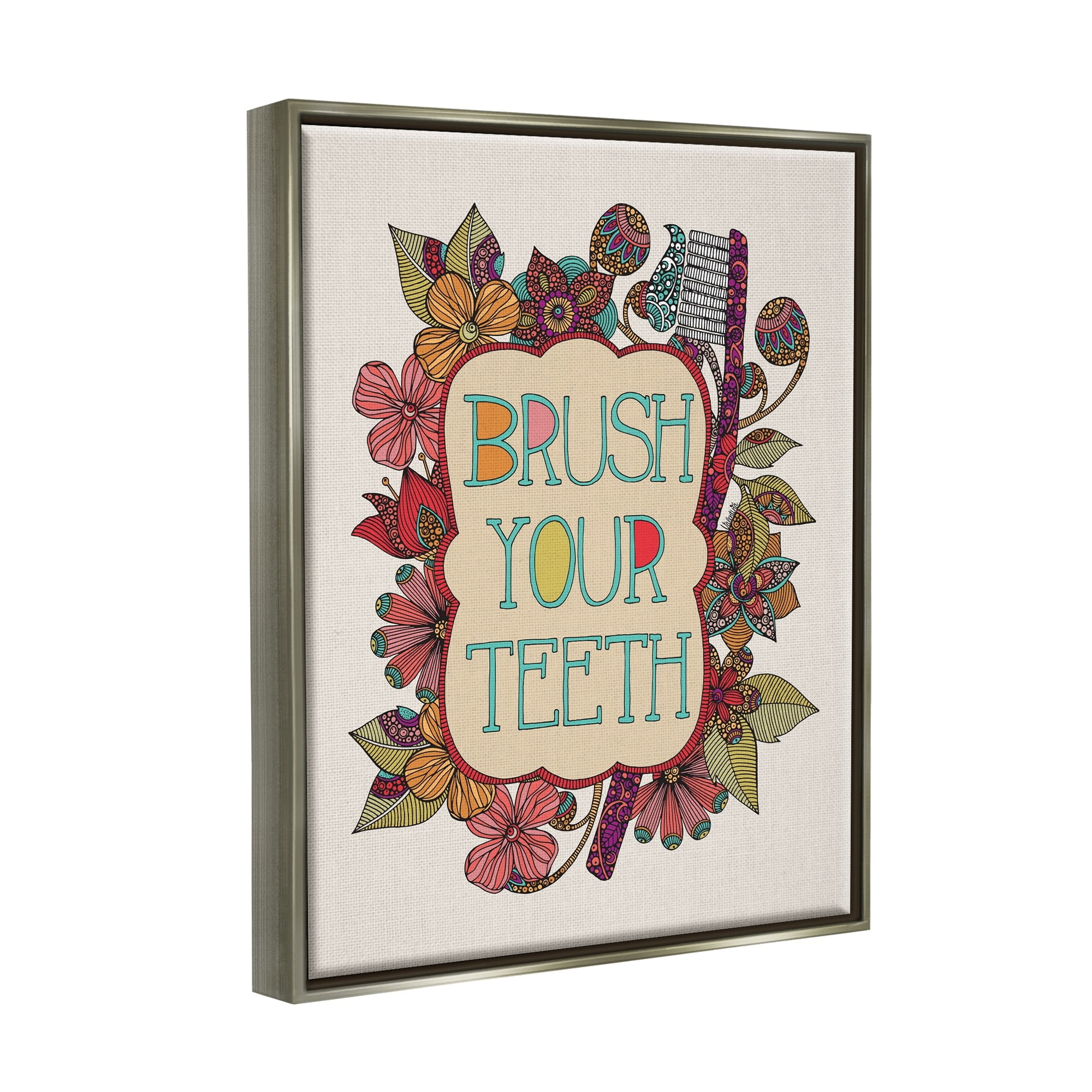 Stupell Industries Intricate Floral Shapes Brush Your Teeth Toothbrush Graphic Art Luster Gray Floating Framed Canvas Print Wall Art, Design by Valentina Harper