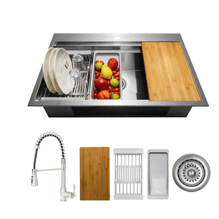 AKDY Handmade All-in-One Topmount Stainless Steel 33 in. x 22 in. Single Bowl Kitchen Sink w/ Spring Neck Faucet Accessory