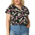 thumbnail image 1 of Women's Plus Size Tops Floral Printed Ruffle Trim V Neck Layered Sleeve Blouse Black 1X, 1 of 7