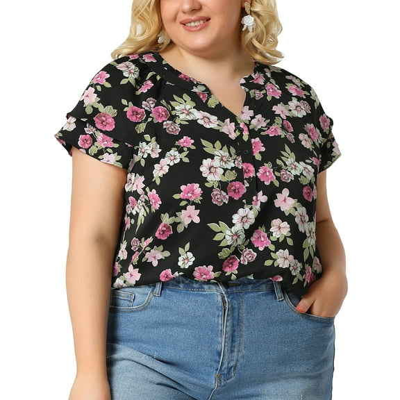 Unique Bargains Juniors' Plus Size Short Sleeve Floral Tiered Button Peplum Blouse 4X Black