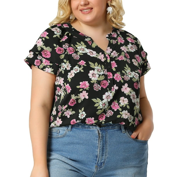 Women's Plus Size Tops Floral Printed Ruffle Trim V Neck Layered Sleeve Blouse Black 3X