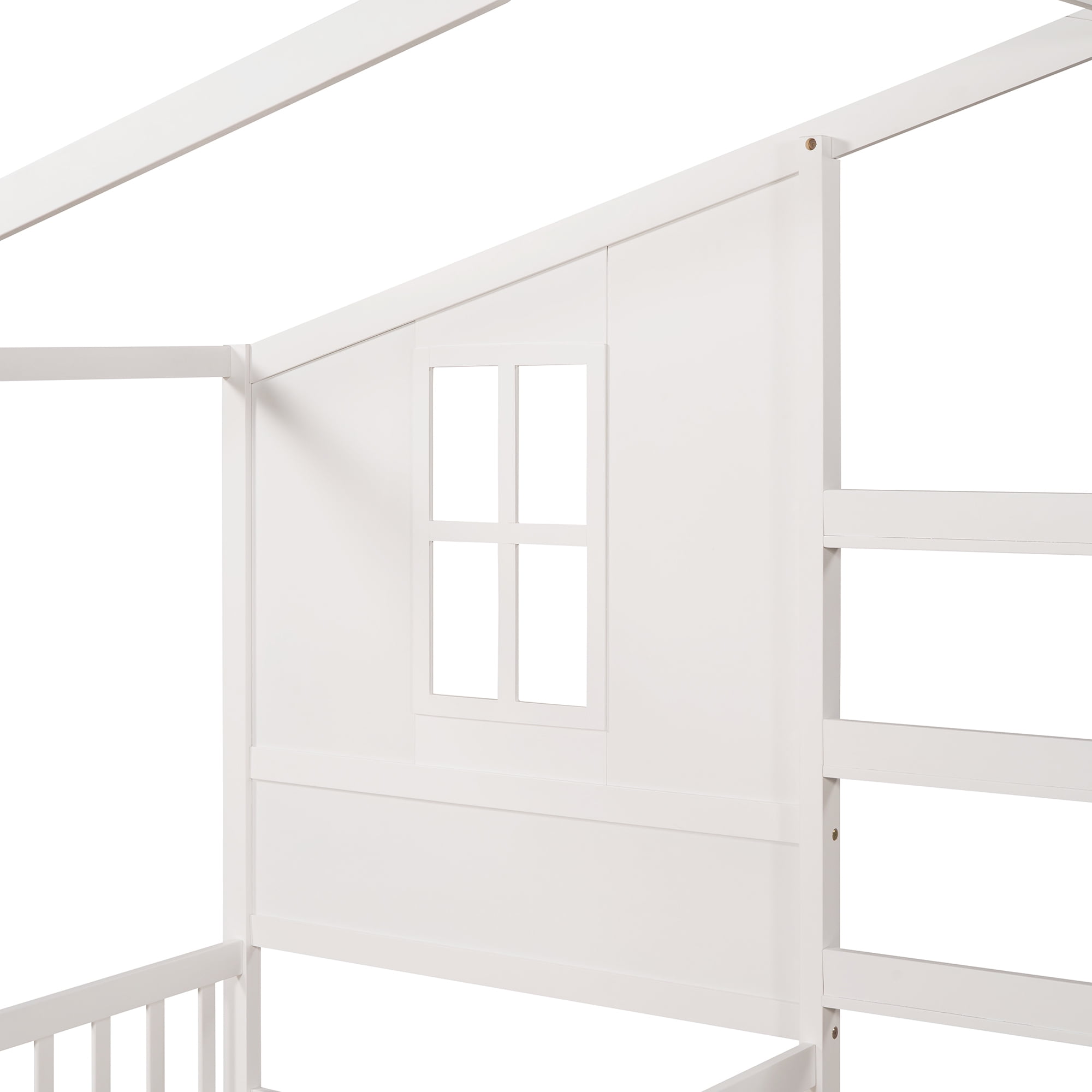 Bellemave House Beds for 2 , Wood L-Shape Twin Bed Frame with Roof and Fence Railings, Double Twin Size Montessori Bed Frame No Box Spring Needed (White)