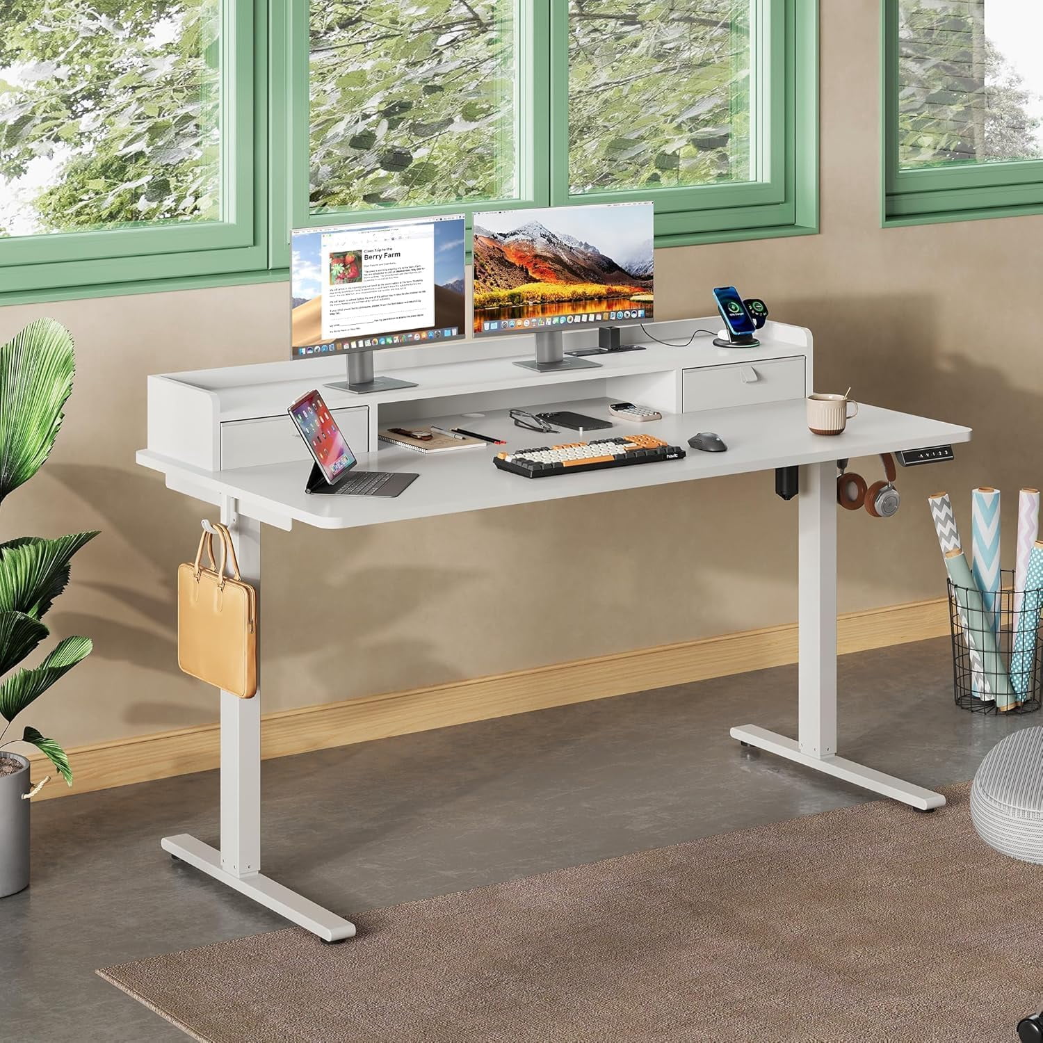 55×28 Inch Electric Standing Desk with Drawers, Computer Desk with 3 Adjustable Height, Storage Shelf and Built-in USB Outlet, Memory Preset, Sit to Stand Desk for Home Office, White