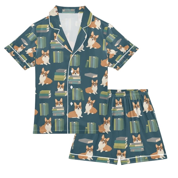 FORMRS Niños Short Sleeve Top and Pants Pajama Set Unisex Satin 2-Piece Sleepwear, Sizes 5-6Y, Blue Cartoon Dog Pattern