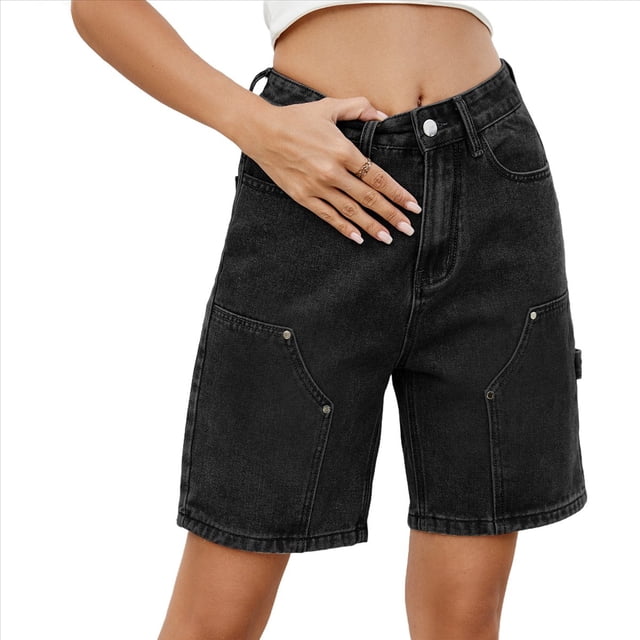 Pantalones Cortos Cargo Holgados Vintage Hasta la Rodilla con Bolsillos para Mujer, Cintura Alta, Estilo Urbano Y2K. Gris Negro S