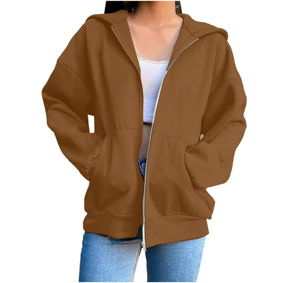 Maplenight Hoodies Sweatshirts for Women Casual Full Zip Hooded Trendy Jackets Solid Loose Fit Casual Sweatshirt