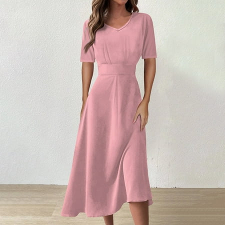 Cyinyin Womens Dresses Spring V Neck Tube Short Sleeve Fashion Beach Dress   Flowy Midi Midi Dresses for Women 2024 Loose Soild Color High Waist Women Dresses Pink XL