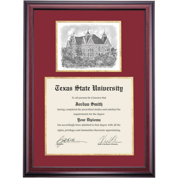 Dawn Diploma Frame for Texas State University TSU, Maroon/Gold Mat with Old Main Pen & Ink, 27" x 20"
