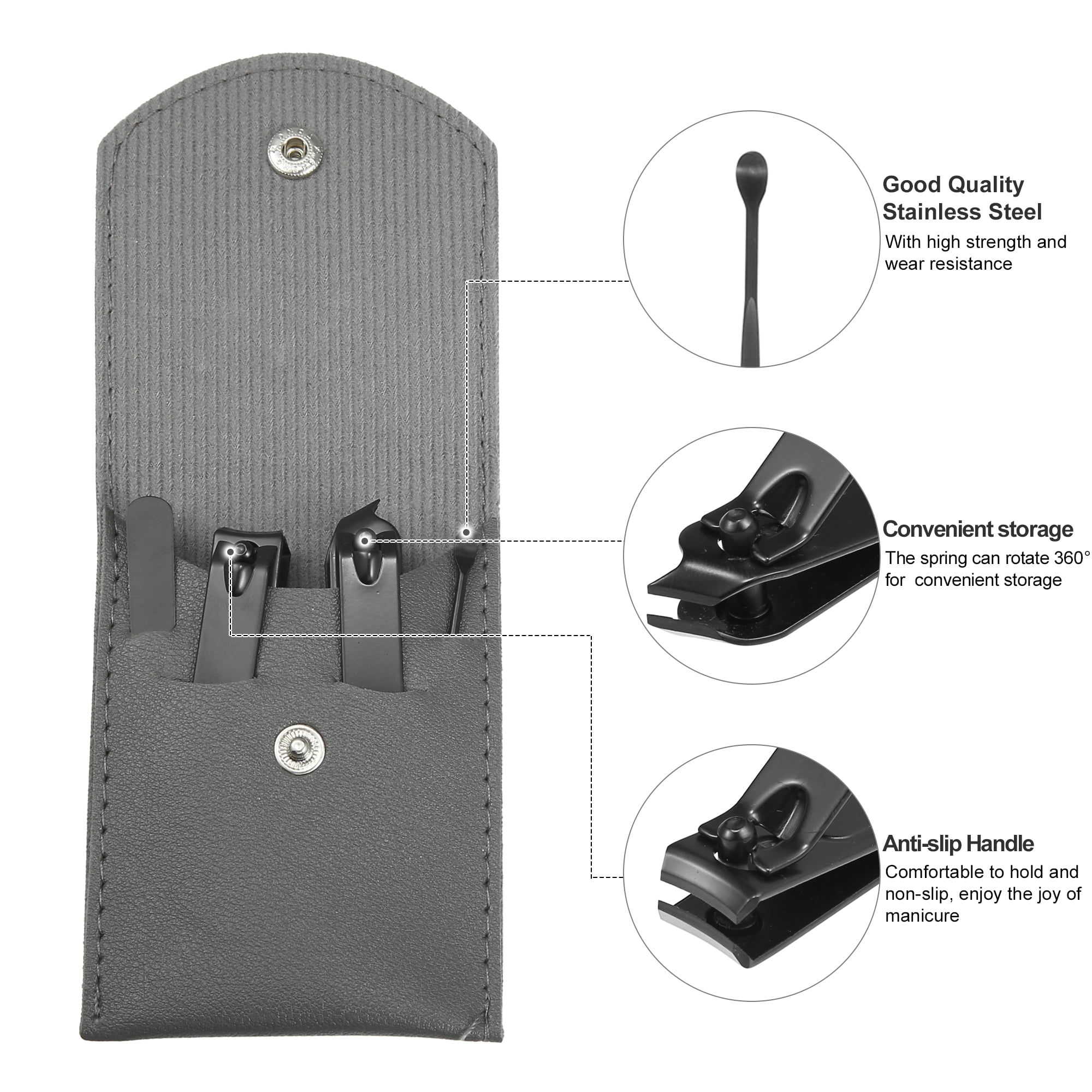 Unique Bargains 4 pcs Manicure Set with Gray PU Case Personal Care Stainless Steel Black