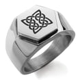 thumbnail image 1 of Stainless Steel Celtic Quaternary Eternity Knot Engraved Hexagon Crest Flat Top Biker Style Polished Ring, 1 of 1