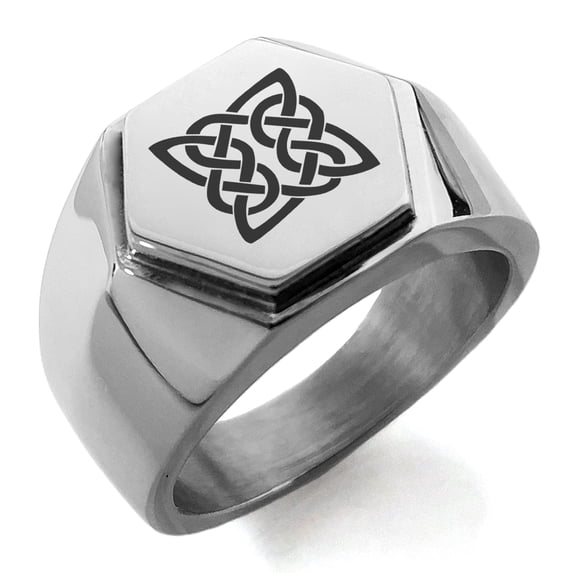 Stainless Steel Celtic Quaternary Eternity Knot Engraved Hexagon Crest Flat Top Biker Style Polished Ring
