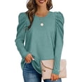 thumbnail image 2 of Top de corte informal para mujer, cuello redondo, mangas abullonadas, color puro, transpirable, para ir de compras, verde, XXL, 2 of 6