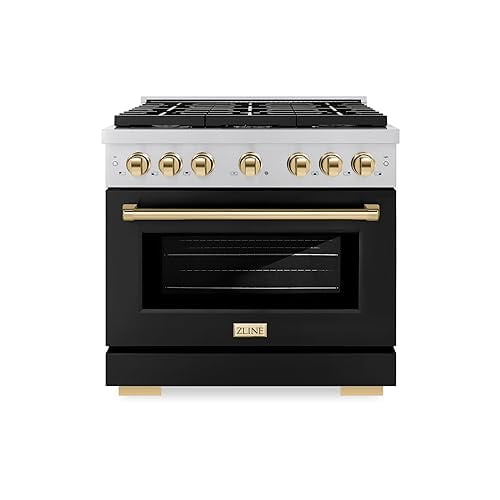 ZLINE Autograph Edition 36 in. 5.2 cu. ft. Paramount Gas Range with 6 Burner Cooktop and Convection Gas Oven in Stainless Steel with Black Matte Door and Polished Gold Accents (SGRZ-BLM-36-G)