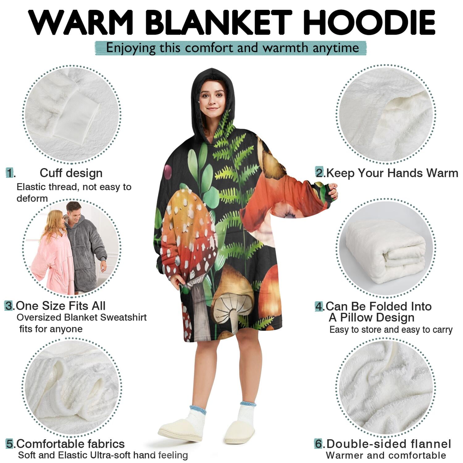 Red Mushroom Snail Black Pattern Wearable Oversized Blanket,Wearable Blanket Hoodie for Adults,Cozy Hooded Blankets with Super Pockets,Super Warm Fuzzy Pullover for Women & Men