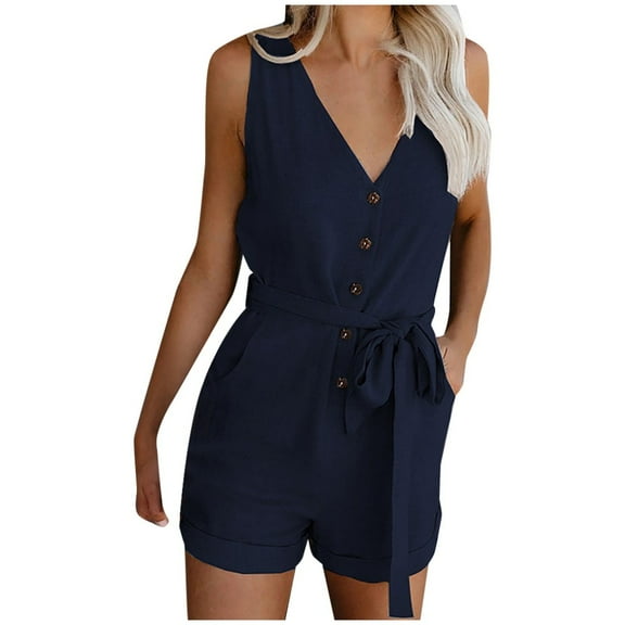 Puntoco Clearance Womens Casual V Neck Bow Pocket Sleeveless Shorts Wide Shorts Jumpsuits Rompers Navy XXXL