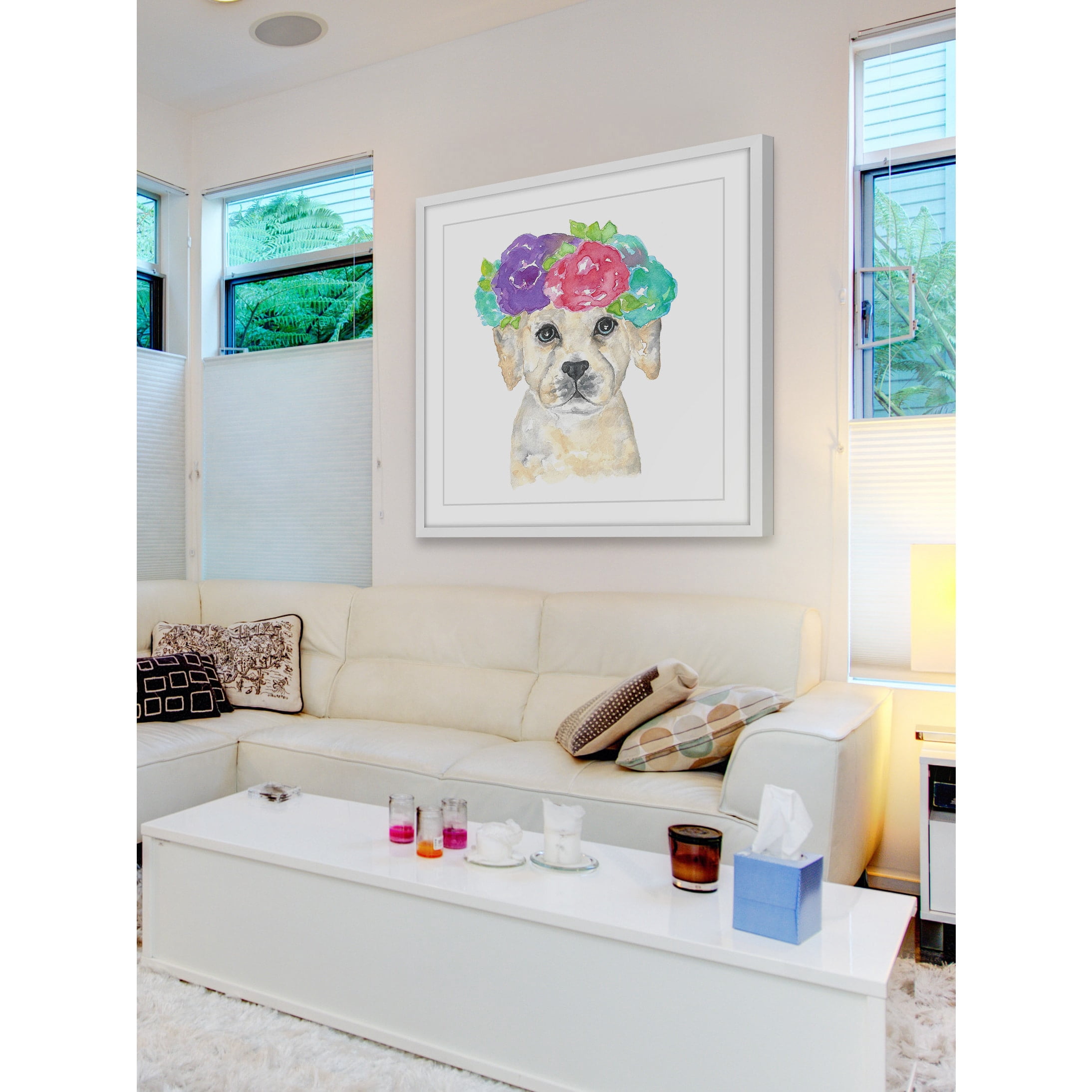 Marmont Hill "Dog with Flower Crown" by Thimble Sparrow Framed Painting Print