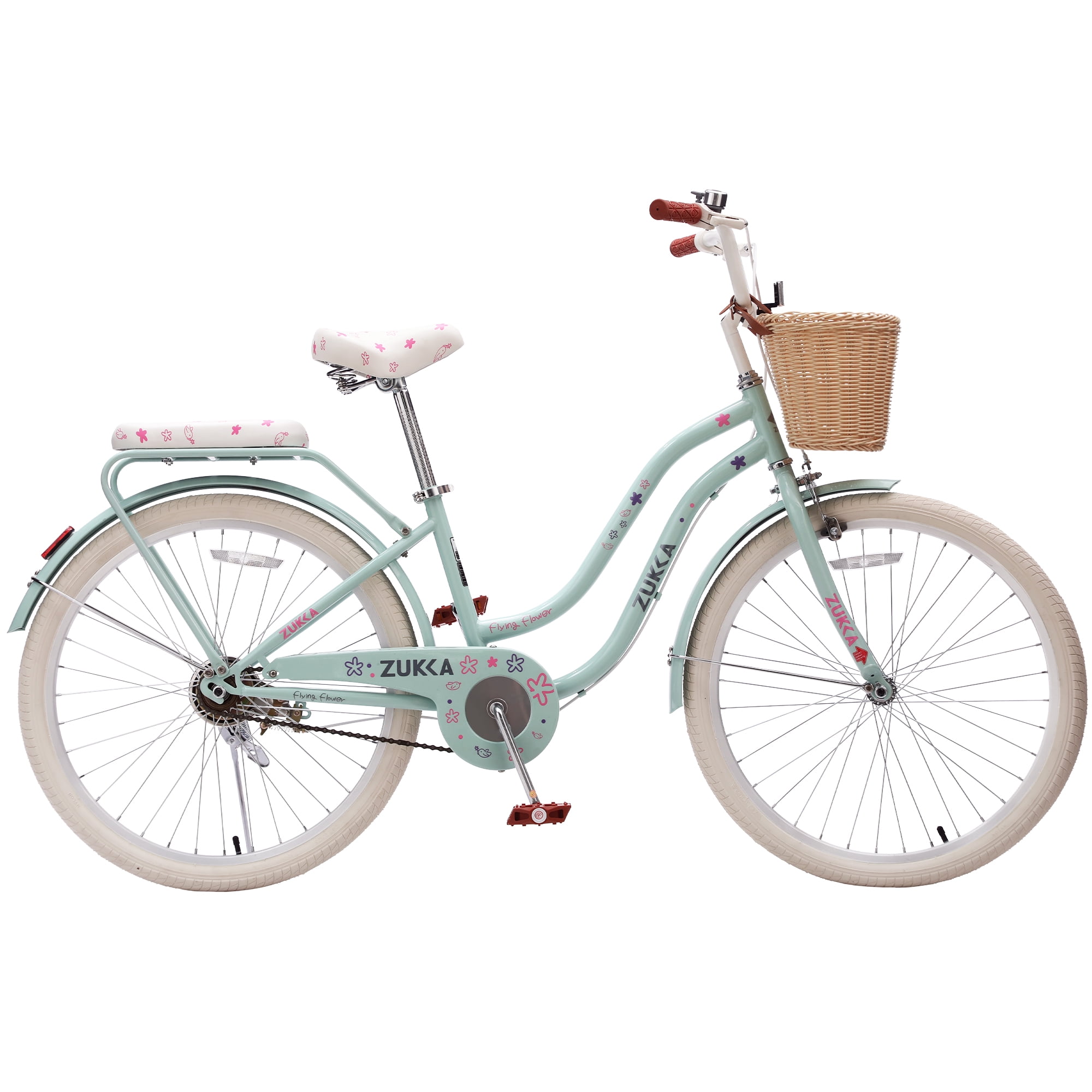 24 Inch Cruiser Bike for Girls, Single Speed Commuter Bicycle with Wicker Basket & Rear Rack, High Carbon Steel Frame Comfort City Bike for Outdoor Riding
