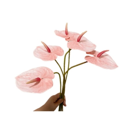 

5 PC 24in/61cm Artificial Anthurium Lily Flowers Permanent for Home Decor Bouquet and Green Leaf for