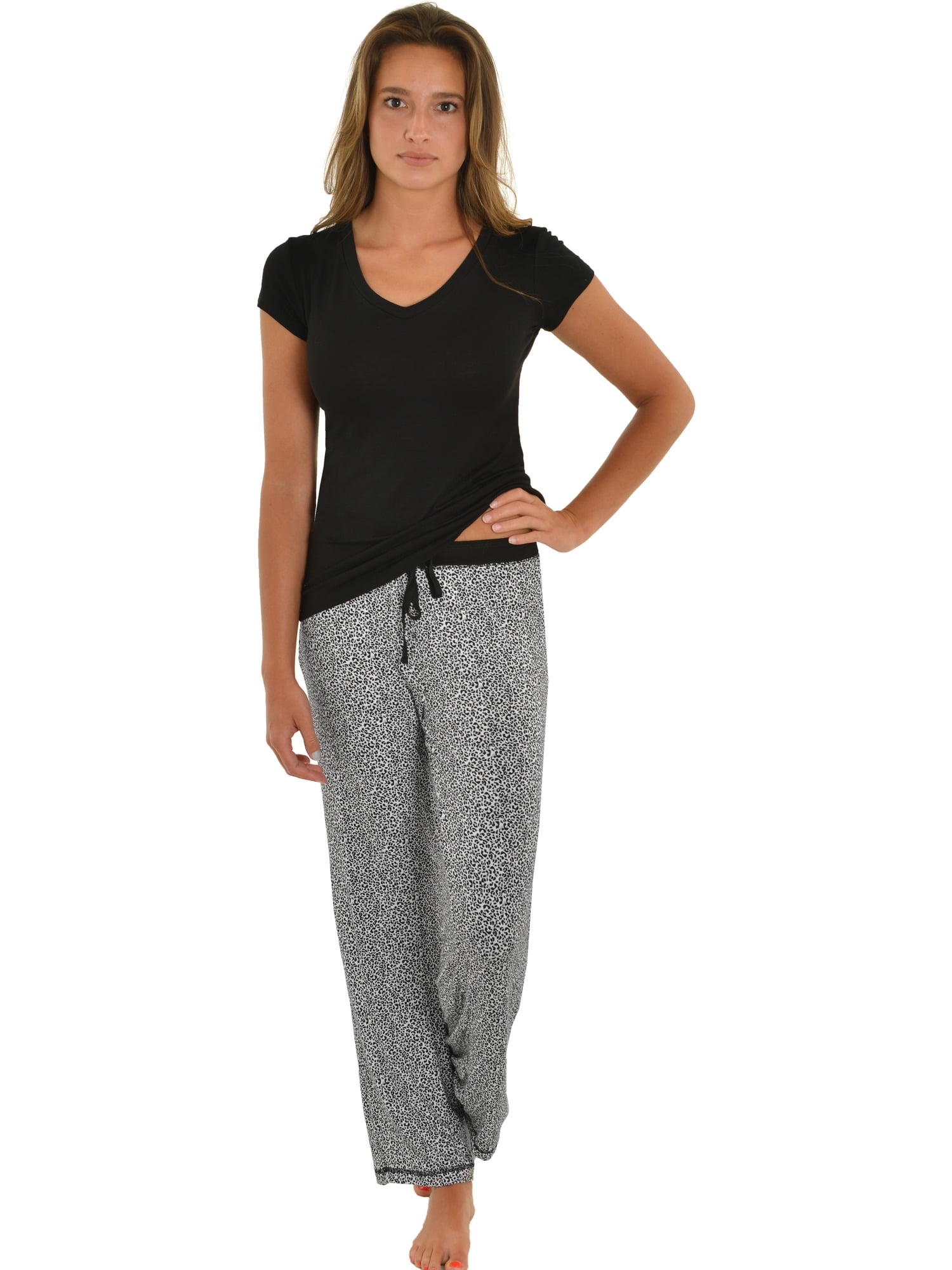 Womens Pajama Set Black T-shirt Animal 
