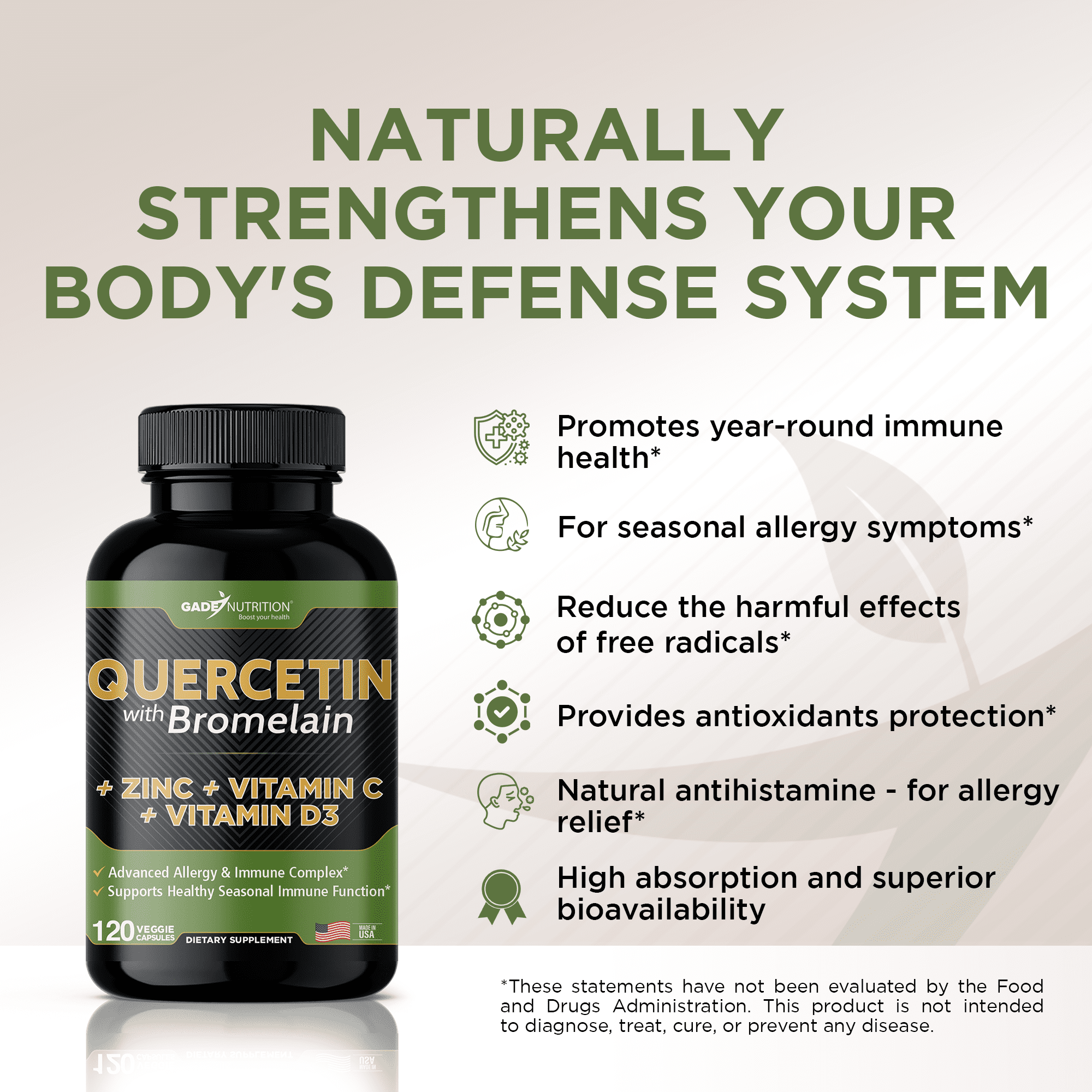 Gade Nutrition Quercetin with Bromelain, Vitamin D, Vitamin C, and Zinc - 360 Veggie Caps - 6 Month Supply