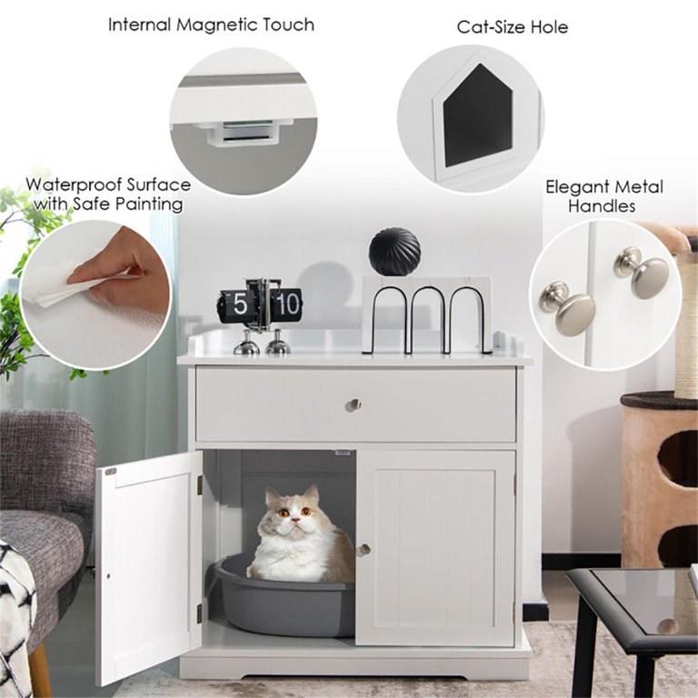 Demi Bonn 30" Cat Litter Box Furniture with Drawer, Cat Washroom Hidden  Litter Box Enclosure, Indoor Wood Cat House Cabinet, White