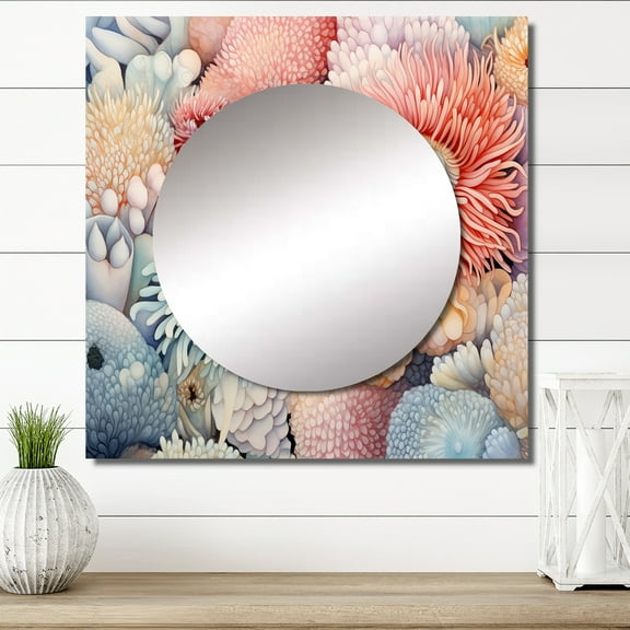 Designart "Pastel Elegance Amidst Anemones" coastal coral under water Square Mirror Wall Decor Coastal - Large Pink Square Bathroom Mirror - Square Printed Wall Mirror Art