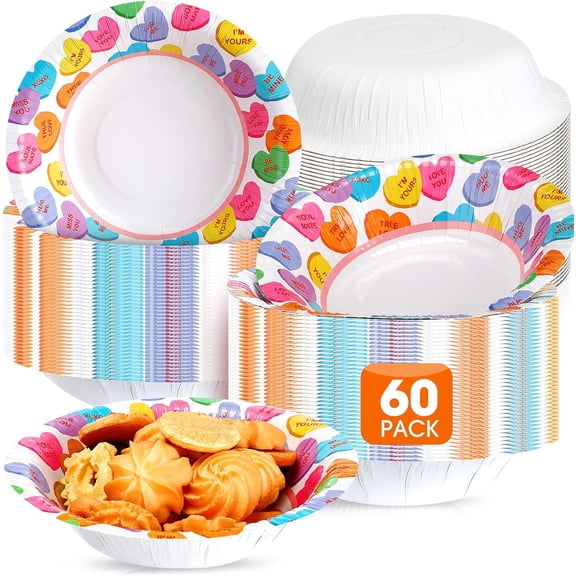 60 Pcs 16 oz Valentine's Day Disposable Paper Bowls Heavy Duty Conversation Heart Paper Soup Bowls for Both Cold and Hot Food Salad Cereal Food Snack Kitchen Holiday Party