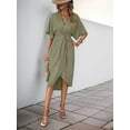 thumbnail image 5 of Gdvsclr Short Sleeve Dresses for Women V Neck Pleated Slim Fit Flowy Swing Shift Irregular Midi Dress  Green XL, 5 of 8