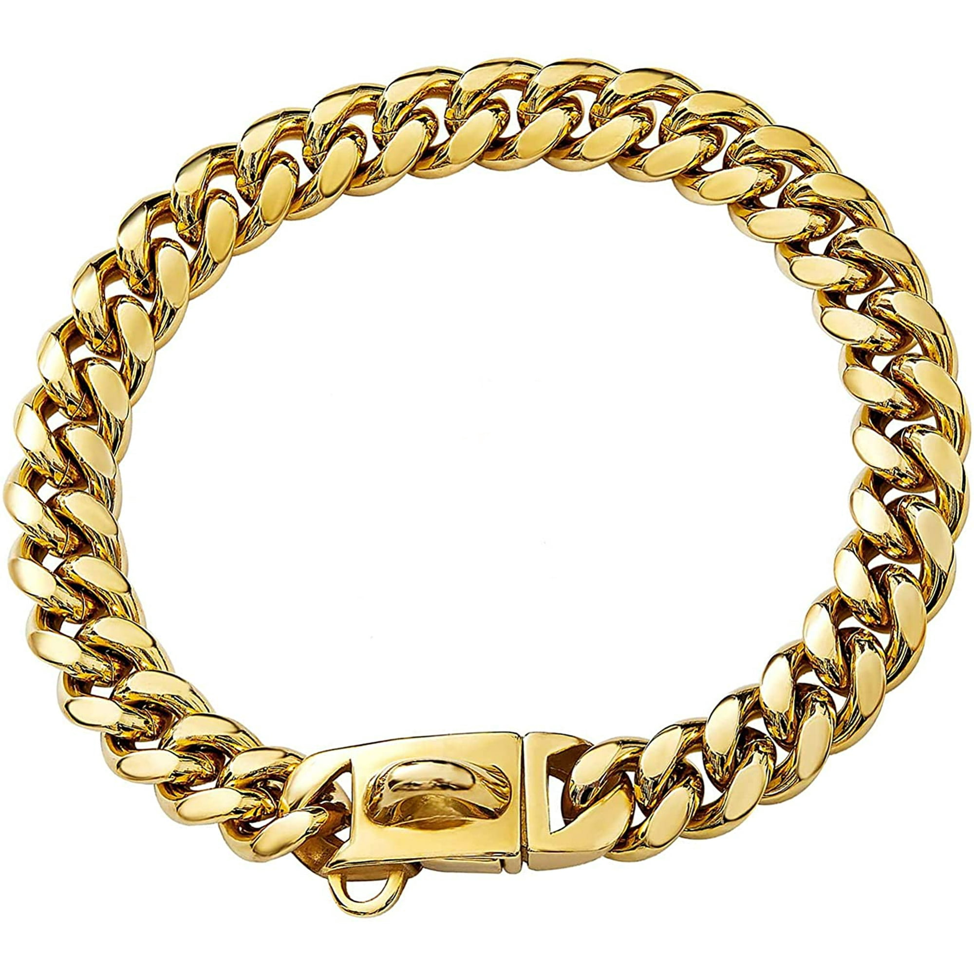 Htooq Strong Stainless Steel Gold Dog Collars With Safety Buckle Lock 14mm Cuban Link Chain Training Collar dog Necklace Walking Collar For Small Medi