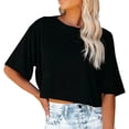 thumbnail image 2 of Trendfront Womens Summer Crew Neck Elbow Sleeve Tops Cropped Length Solid Color Tees Plain Casual Everyday Style Wear T-Shirts, 2 of 5