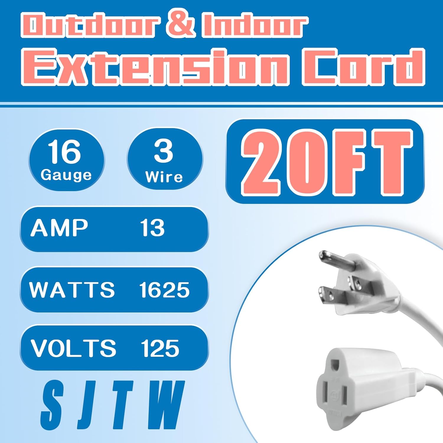 JJEAN-Indoor Outdoor Extension Cord 20 FT, 16/3 SJTW Weatherproof White Electrical Cords, 13 AMP Heavy Duty 3 Prong Power Cable Great for Garden, Landscaping & Holiday Decorations