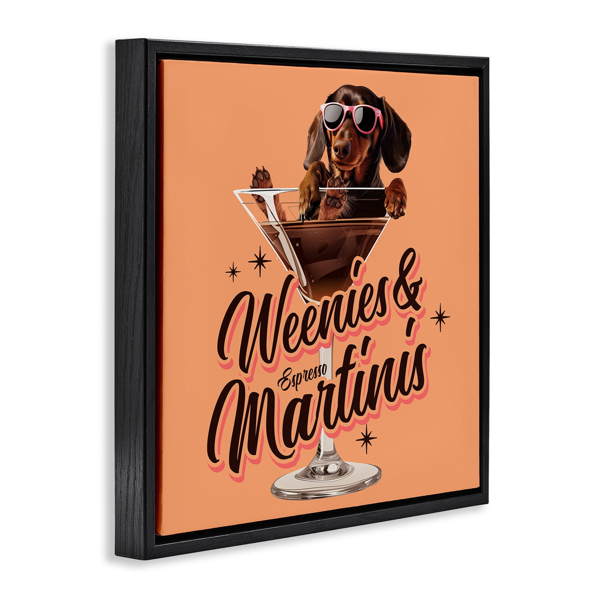 Stupell Industries Weenie's & Espresso Martinis Animals Painting Black Floater Framed Canvas Art Print Wall Art, 25 x 25