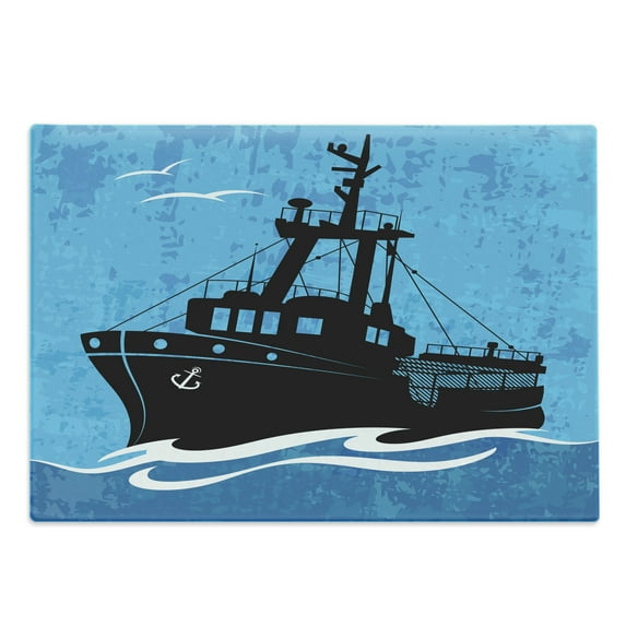 Nautical Blue Cutting Board, Fishing Boat on Wavy Sea with Grunge Sky, Decorative Tempered Glass Cutting and Serving Board, in 3 Sizes, by Ambesonne